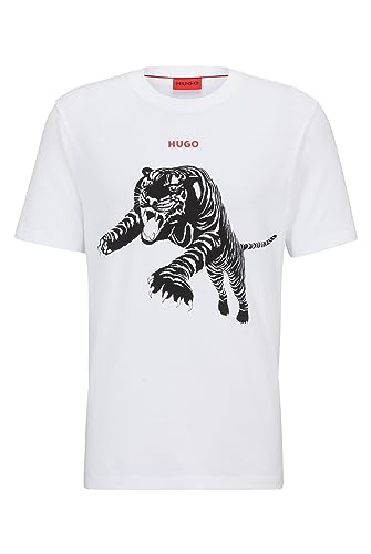 HUGO Męski T-shirt Darpione z bawełnianego dżerseju z grafiką i logo, Open White120, XL