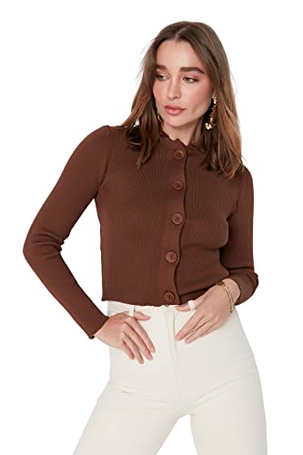 Trendyol Damski design regularny standardowy kardigan z wysokim dekoltem, Brązowy, L