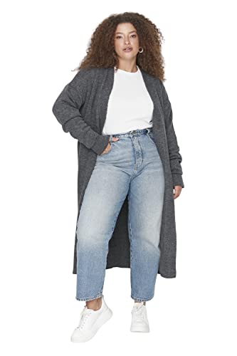 Trendyol Damski kardigan plus size oversize Shift dekolt w serek dzianina plus size, Szary, 4XL Duże rozmiary