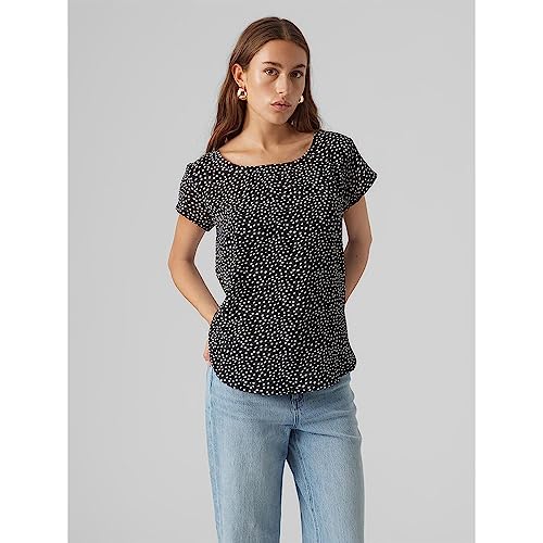 VERO MODA Damski top Vmsaki Ss Zip AOP WVN Ga Noos, Czarny/Aop: białe małe kropki, S