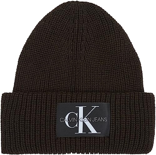 Calvin Klein Męska czapka z dzianiny Monologo Patch Beanie, Brązowy, Rozmiar uniwersalny