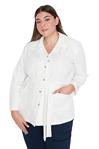 Trendyol Damska koszula kołnierz, jednokolorowa, dopasowana kurtka plus size, Ecru, 50, Ecru
