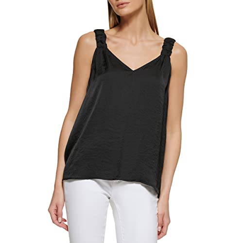 DKNY Damski top bez rękawów z dekoltem w serek, z prążkowanymi paskami, kamizelka, czarny, L