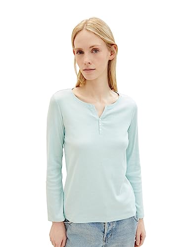 TOM TAILOR Henley damska koszulka z długim rękawem w paski z bawełny ekologicznej, 33793 - Offwhite Teal Small Stripe, M