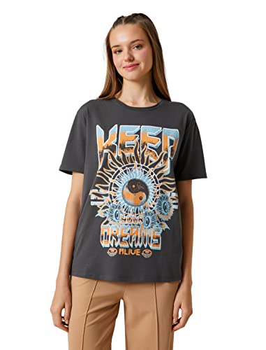 Koton Damska koszulka z nadrukiem sloganów Rundhals Kurzarm, Anthrazit (927), L