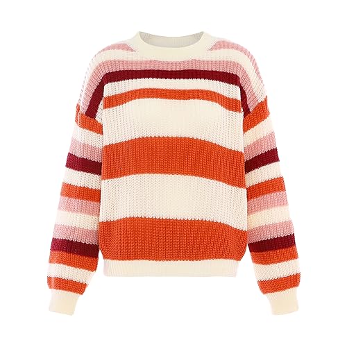 Blonda Damski top z dzianiny z okrągłym dekoltem i kontrastowymi paskami, brązowy, wielokolorowy, rozmiar XL/XXL, Brązowy, wielokolorowy., XL