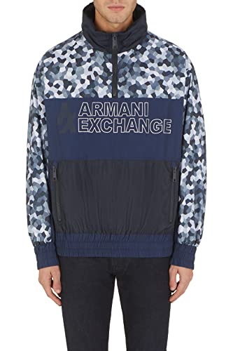Armani Exchange Męska kurtka z nadrukiem na całej powierzchni, Maxi Extended Front Logo, Waistband Jacket, Navy Cosmo, Small