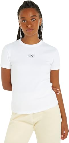 Calvin Klein Jeans Damska koszulka z tkaną metką prążkowaną Regular Tee S/S dzianinowe topy, Jasnobiały, S