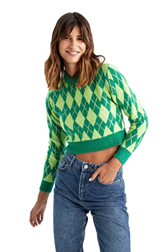 DeFacto Sweter normalny krój dla kobiet - sweter z golfem na topy damski (GREEN-400-08, S), Green-400-08, S