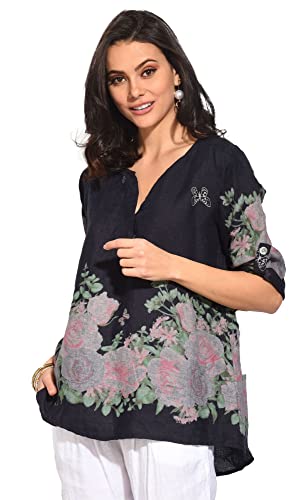 Bonateks damska top 100% lniana tunika Made in Italy, Tunezyjski top z kwiatowym nadrukiem i odpinanymi długimi rękawami, granatowy, rozmiar: XL, granatowy, XL