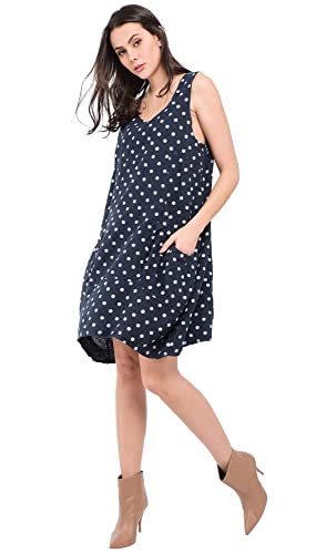 Bonateks damska sukienka 100% lniana Made in Italy, okrągły dekolt z kieszeniami i nadrukiem w kropki, granatowa, rozmiar: M, granatowy, M