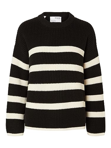 SELECTED FEMME Damski sweter Slfbloomie Ls Knit O-Neck Noos, Czarne/paski: śnieżnobiałe, M