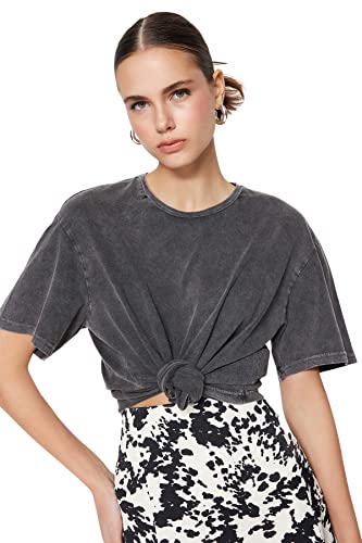 Trendyol Damska koszulka z dzianiny z okrągłym dekoltem i okrągłym dekoltem, antracyt, S, Antracyt, S