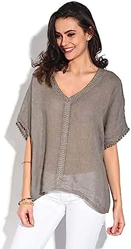 Bonateks, Półprzezroczysty top z dekoltem w serek i koronką w języku angielskim, 100% len, rozmiar DE:38, rozmiar US:M, topy, pustynia - wyprodukowano we Włoszech, beżowy, 38