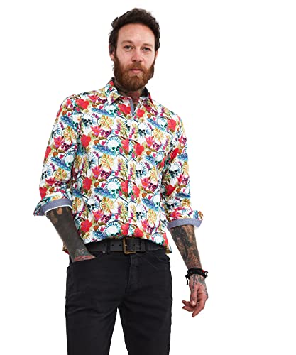 Joe Browns Męska koszula z długim rękawem z nadrukiem tropikalnego liścia, duża, biała, biały, L