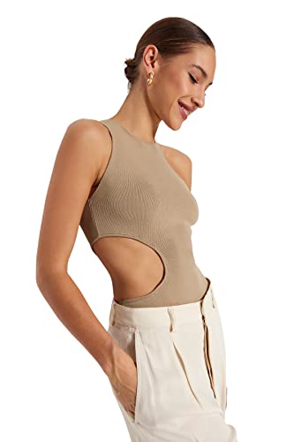 Trendyol Damska bluzka z okrągłym dekoltem o kroju slim fit, Norka, S