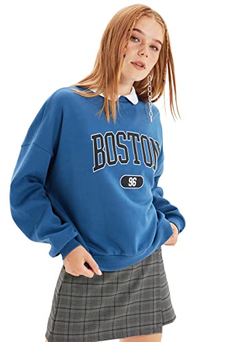 Trendyol Bluza damska z nadrukiem Indigo Printed Boyfriend Knitted Schardon, M
