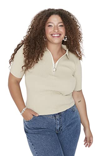 Trendyol Damska regularna koszulka polo z dekoltem w serek plus size bluzka, KAMIEŃ, XXLus