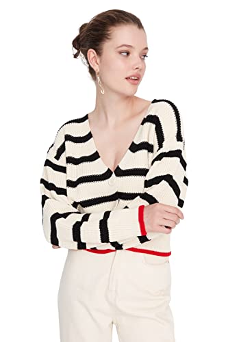 Trendyol Damski standardowy standardowy kardigan z dzianiny z dekoltem w serek, Ecru, S