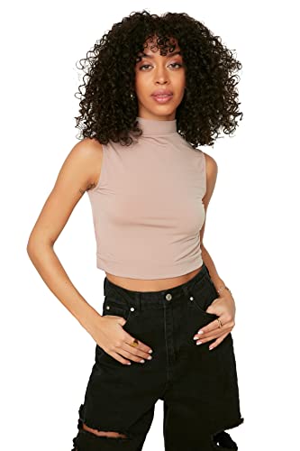 Trendyol Damska bluza beżowa Upright Collar Crop Knitted Blouse, Mink, L