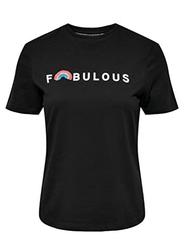 ONLY Women's ONLKITA REG S/S Rainbow EMB TOP Box JRS T-Shirt, czarny/nadruk: Fabulous, XS