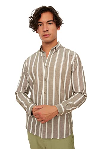 Trendyol Męska koszula z długim rękawem Khaki Slim Fit Button Collar Striped Long Sleeve Shirt, L