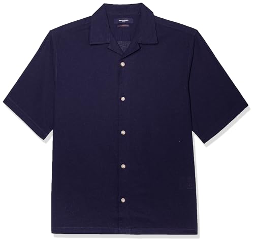JACK & JONES Męska koszula z krótkim rękawem, len, czas wolny, Navy Blazer/Fit: Relax Fit, S