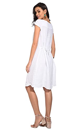 Sukienka damska 100% lniana Made in Italy, długa sukienka bez rękawów z dekoltem w serek, granatowa, rozmiar: L, granatowy, L