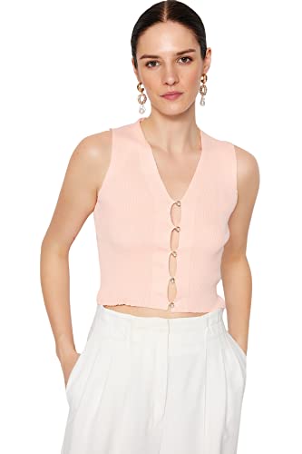 Trendyol Damska bluzka basic z dekoltem w serek, Proszek, M