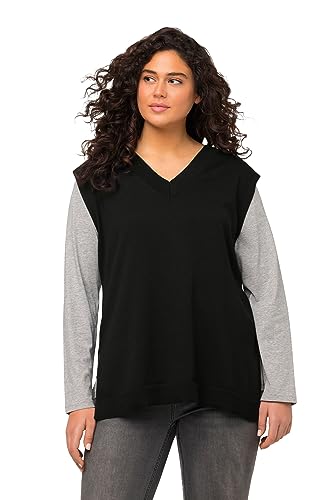 Ulla Popken Damski sweter, głęboki dekolt w serek, rozcięcia po bokach, sweter bez rękawów, czarny, 46/48