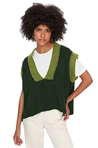 TRENDYOL Damska kamizelka z dekoltem w serek, jednokolorowa, regularna, dzianinowa, Sweater, Emerald Green, S, szmaragdowy (Emerald Green), S