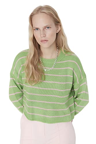 Trendyol Damska bluza z okrągłym dekoltem w paski, regularny sweter, ZIELONY, S