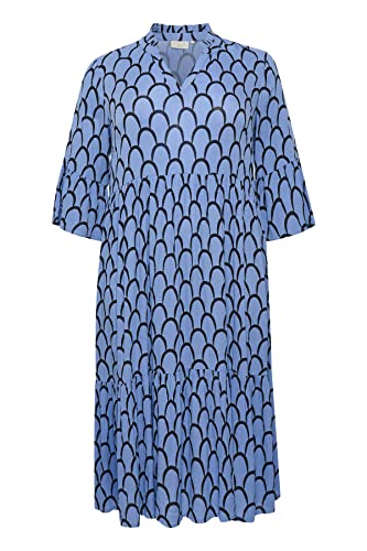 Kaffe Curve Plus Size Damska Sukienka Luźna Fit 3/4 Sleeves Midi Length V-Neck, Niebieski/Czarny Nadruk graficzny, 40/du?y rozmiar