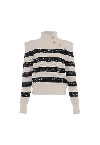 faina Damski sweter z dzianiny w paski z półwysokim kołnierzem i ukośnym guzikiem WOLLBIAŁY rozmiar M/L, biały (wollweiss), M