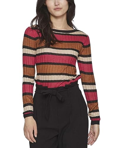 Vila VIEMBER New L/S Glitter Knit Top/SU, Love Potion/Stripes:doeskin/Black/Caramel Cafe, M