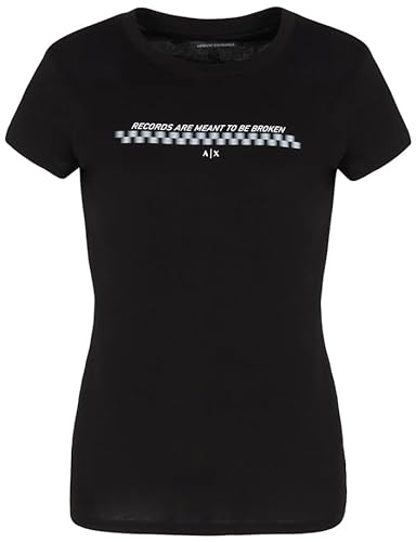 Armani Exchange Damska koszulka z nadrukiem Pay Off, krój slim fit, krótki rękaw, czarny, XS