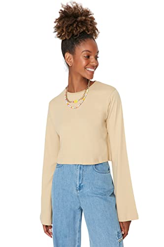 Trendyol Damska koszulka z dzianiny z okrągłym dekoltem, BEŻOWY, L