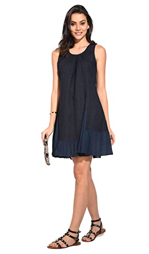 Bonateks damska sukienka 100% lniana wyprodukowana we Włoszech, długa sukienka z falbanką i okrągłym dekoltem, składana z przodu, granatowa, rozmiar: XL, granatowy, XL