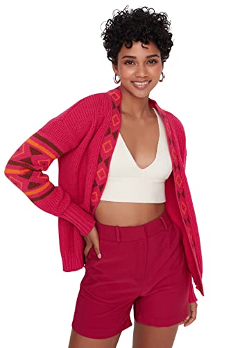 Trendyol Damski dopasowany standardowy kardigan z dekoltem w serek, fuksja, S