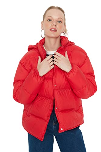 Trendyol Damska kurtka zimowa ze stójką, jednokolorowa, oversize, płaszcz, Czerwony, XS