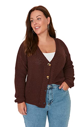 Trendyol Damski sweter rozpinany z dekoltem w serek, zwykły, plus size, brązowy, 3XL, Brązowy, 3XL