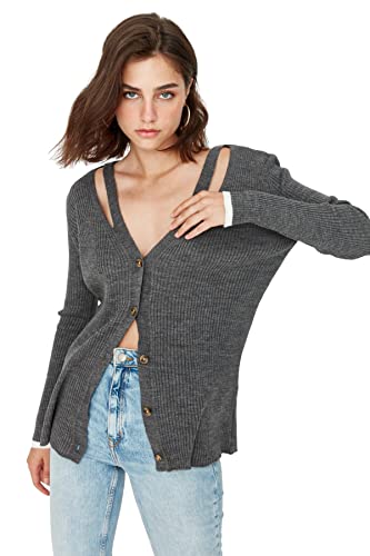 Trendyol Damski dopasowany standardowy sweter z dekoltem w serek dzianinowy kardigan, antracytowy, M, Antracyt, M