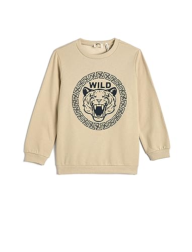 Koton Bluza chłopięca Tiger Embossed Printed Brushed Interior Crew Neck, beżowy (054), 9-10 Lat