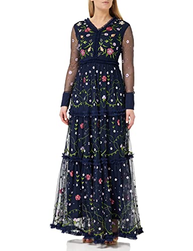 Frock and Frill Damska sukienka z haftem kwiatowym na specjalne okazje, granatowy, 38