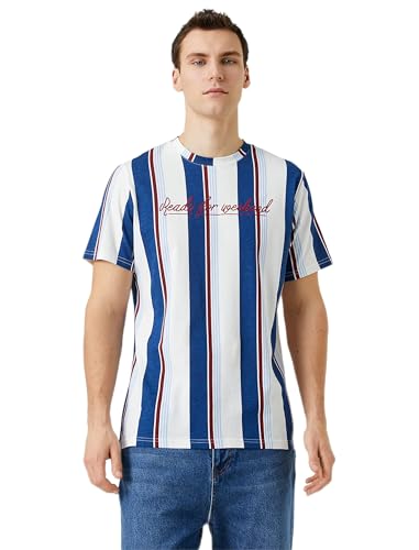 Koton Męski T-shirt z nadrukiem Slogan Crew Neck Short Sleeve Cotton, Marine Stripe (01 m), XXL
