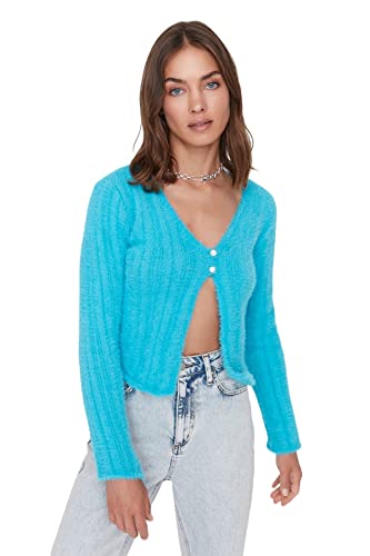 Trendyol Damski standardowy standardowy kardigan z dzianiny z dekoltem w serek, NIEBIESKI, L