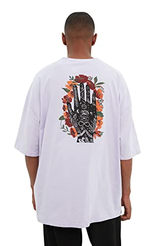 TRENDYOL Męski t-shirt z krótkim rękawem i okrągłym kołnierzem, oversize, rozmiar uniwersalny, liliowy, S