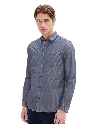 TOM TAILOR Męska koszula regular fit z naszytymi kieszeniami na piersi, 32322-Navy Herringbone Structure, 3XL
