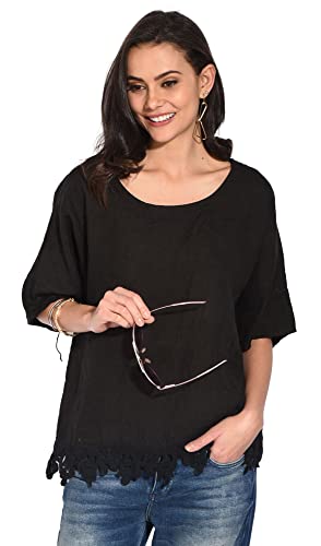Bonateks damska top 100% lniana tunika Made in Italy, okrągły dekolt z falbanką, czarna, rozmiar: XL, czarny, XL