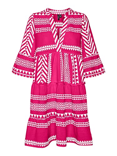 Bestseller A/S Damska tunika VMDICTHE 3/4 WVN Top, Pink Yarrow/AOP:Ibiza Snow White, S, Pink Yarrow/Aop: ibiza Snow White, S